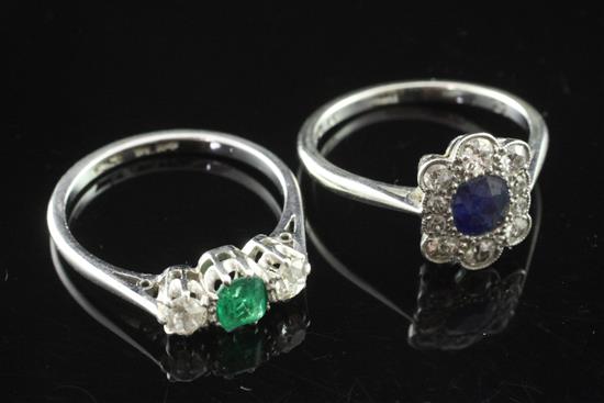 Two early 20th century 18ct white gold and platinum, gem set rings, sizes K & J respectively.